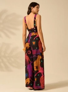 CAJUNI Phụ Nữ Kỳ Nghỉ Cổ Chữ V Nhiệt Đới Colorfal Da Báo Không Tay Đen Thẳng Thường Ngày Mùa Hè Rời Jumpsuit - Nhiều màu - Xem 2