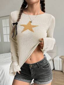 Flirla Women's Round Neck Long Sleeve Star Pattern Sweater, Knit Pullover Fall Winter - Yellow - View 5