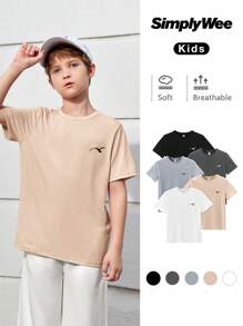 SHEIN Leap Crew 5pcs/Set Tween Boy's Loose Fit Crew Neck Patterned Short Sleeve T-Shirts - Apricot - View 1