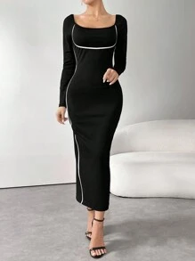 Modelyn Vestido ajustado con ribete de contraste para damas de Chongqing - Negro - Ver 3