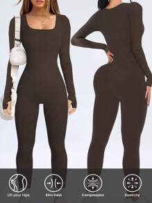 Easithlete One Piece Solid Rib Knit Sports Jumpsuit - Coffee Brown - View 1