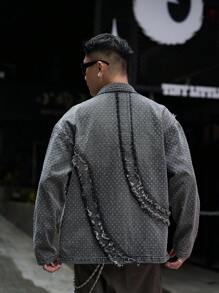 Manfinity Roghcode Men's Frayed Edge Zip-Up Long Sleeve Denim Shirt - Dark Grey - View 2