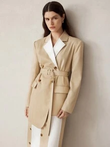 BizChic Women's Colorblock Lapel Long Sleeve Waist Tie Casual Asymmetric Belted Blazer