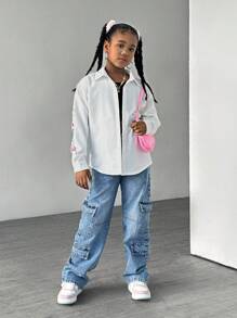 Tween Girl Oversized White Shirt With Graffiti And Bear Pattern - White - View 5