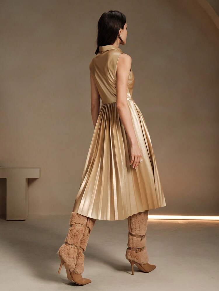 Gold Coated PU Sleeveless Pleated Shirt Dress