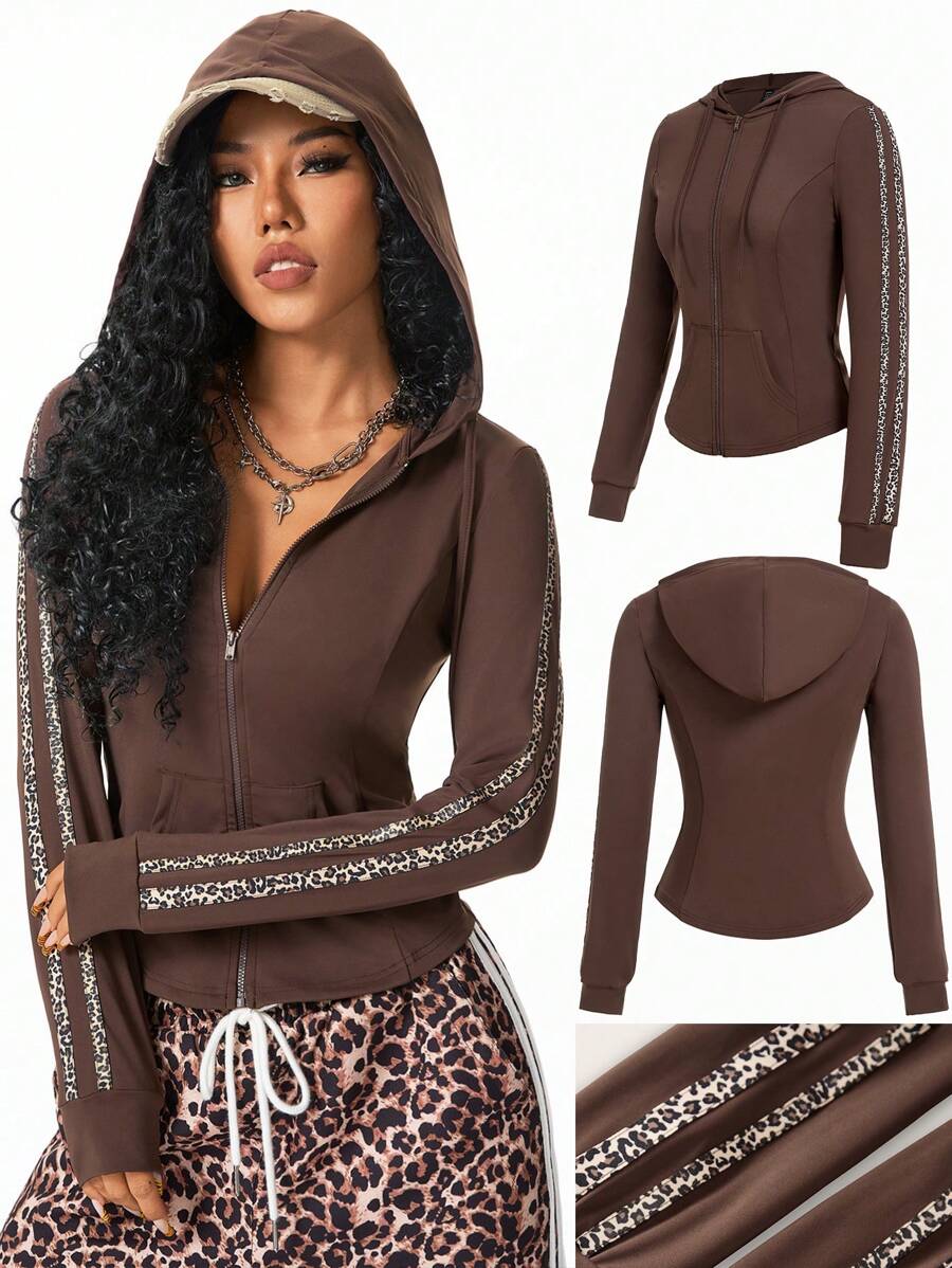 SHEIN EZwear Women Fall/Winter Brown Sportswear Leopard Woven Tape Long Sleeve Workout Sweatshirt,Workout Jacket,Back To School - Coffee Brown - View 1