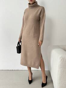 Chiquease 女士高领长袖纯色休闲宽松开叉设计毛衣连衣裙