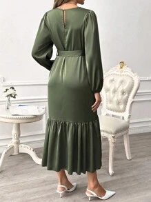 SHEIN 孕妇纯色圆领长袖前系带休闲连衣裙 - 軍綠色 - 查看 2