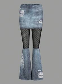 ROMWE PUNK Ripped Contrast Mesh Flare Leg Pants, School