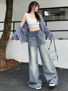 DAZY Pantalones vaqueros de mezclilla desgastados y descoloridos de uso diario para mujer - Lavado ligero - Ver 2