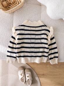 SHEIN Young Girl Stand Collar Striped Ruffle Heart Pattern Casual Knitted Sweater - Black and White - View 2