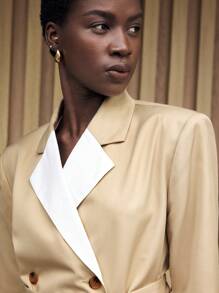BizChic Women's Colorblock Lapel Long Sleeve Waist Tie Casual Asymmetric Belted Blazer