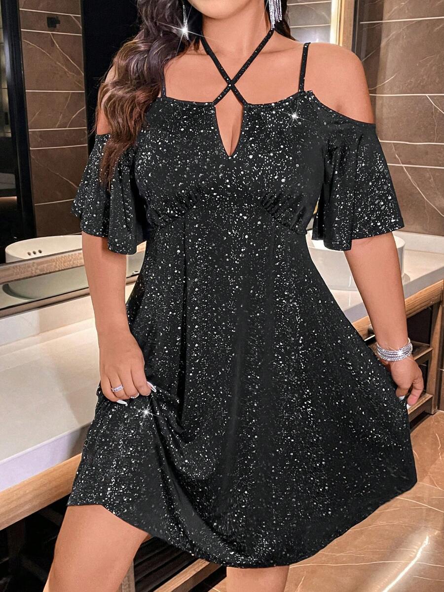 Abito da festa con spalle scoperte e glitter per taglie comode - nero - Visualizzare 1