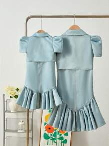 SHEIN 2 件装少女纯色针织短款夹克和编织荷叶边下摆连衣裙套装 - 綠色 - 查看 2