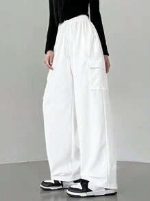 DAZY 纯色抽绳口袋休闲运动裤，返校服运动裤 - 白色 - 查看 3