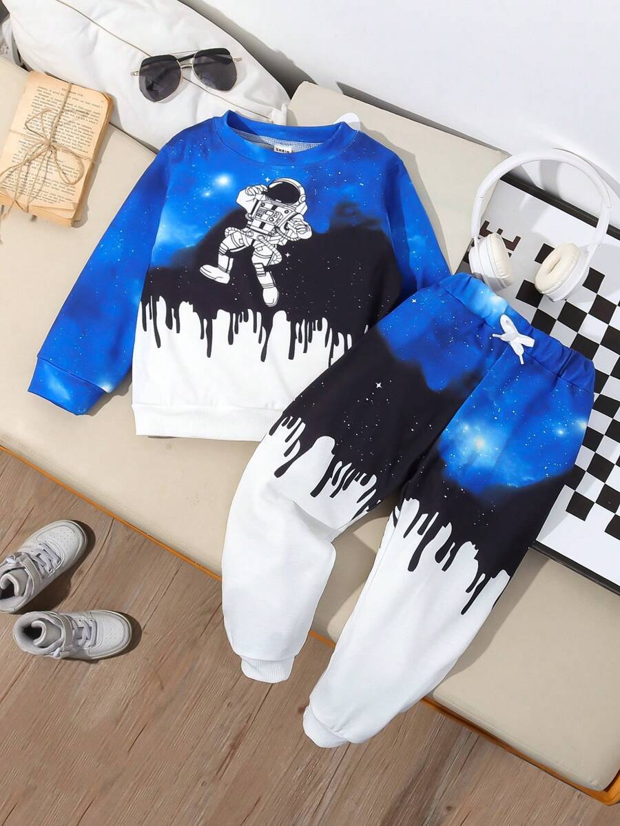 2 件套年轻男孩休闲运动学院街头时尚宇航员图案运动衫和裤子套装，适合日常穿着、上学、郊游、运动、春秋季节 - 彩色 - 查看 1