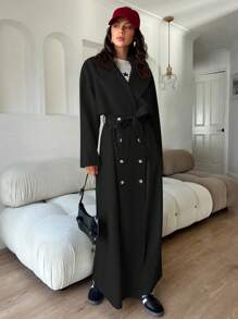 Aloruh Women's Casual Linen Long Open Front Double Breasted Trench Coat, Autumn Winter - Black - View 6