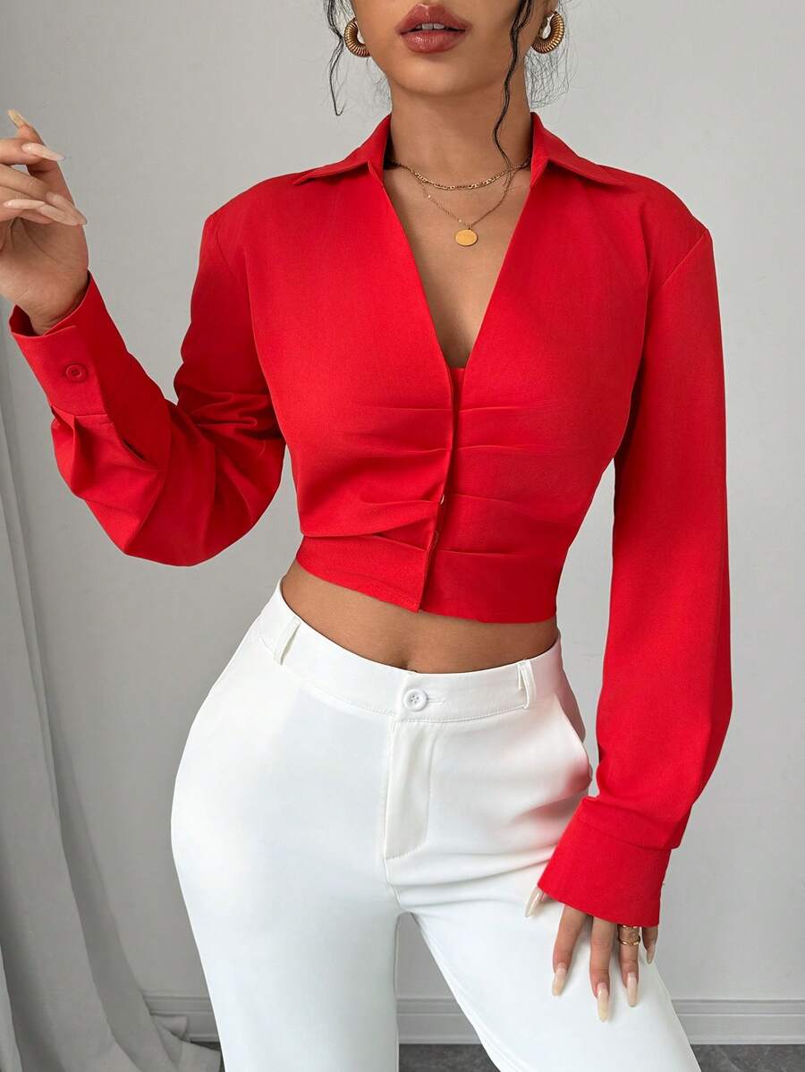 RosyDaze 女士 V 领长袖褶皱商务优雅迷人成熟衬衫新年衣服女士衬衫，长袖上衣 - 紅色 - 查看 1