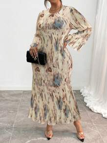 Celure Damen Große Größen Frühlings- & Sommer Batik-Muster Rundhals Langarm A-Linien-elegantes Maxikleid Damenkostüm