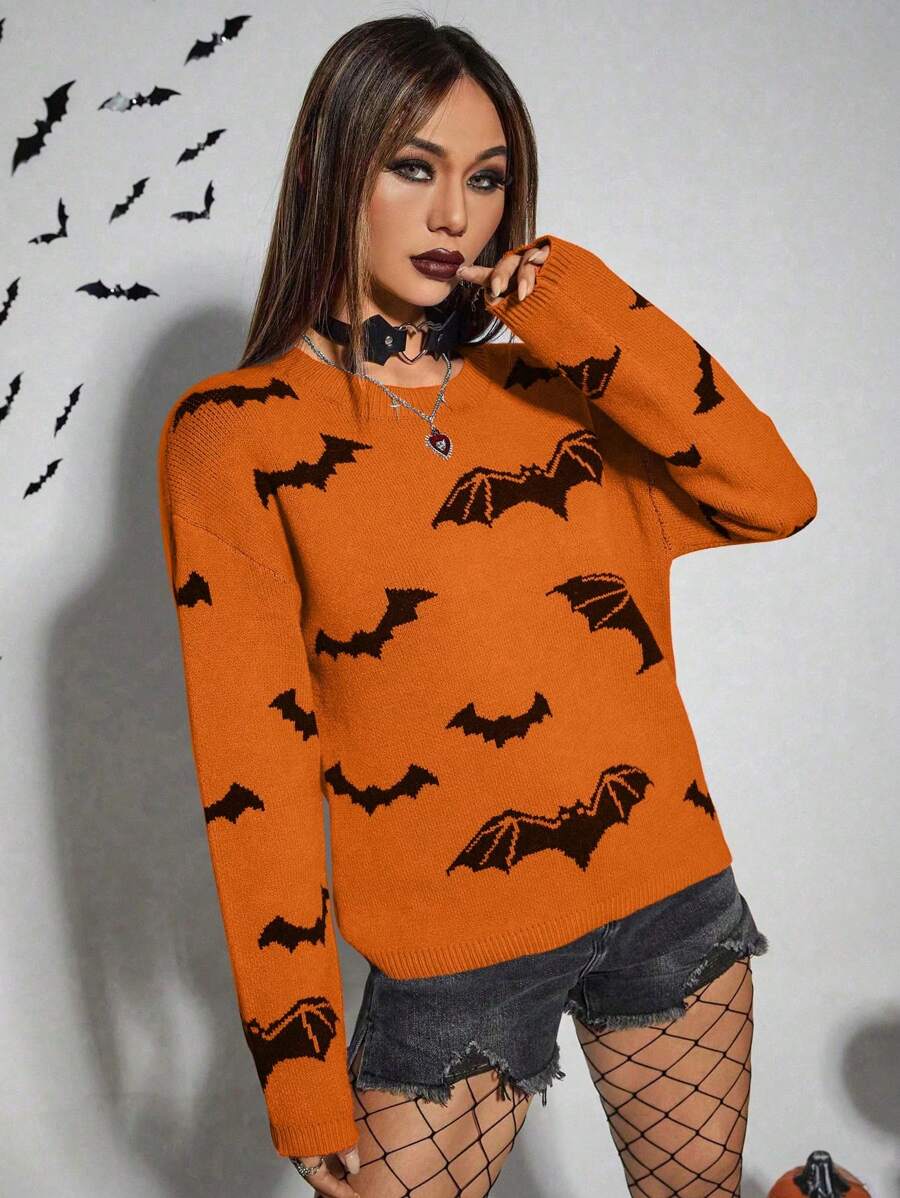 PUNK Women Funny Bat Pattern Crew Neck Long Sleeve Sweater, Halloween, Knit Pullover Fall Winter - Multicolor - View 1