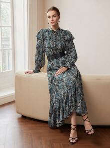 MOTF PREMIUM 佩斯利印花系带领口荷叶边饰边荷叶袖层叠下摆长连衣裙 - 彩色 - 查看 10