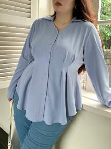 Dazy Plus Plus Size Plain Color Cinched Waist Shirt, Spring/Summer/Autumn