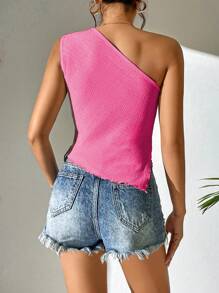 Chiquease Áo có đường viền cổ bất đối xứng vừa vặn không tay màu trơn viền bất đối xứng - Màu Hồng Tươi - Xem 2