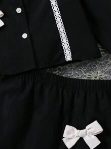 SHEIN 2 件装年轻女孩优雅黑白领上衣，带蝴蝶结设计，搭配黑色短裙套装，适合派对/冬季 - 棕色 - 查看 7