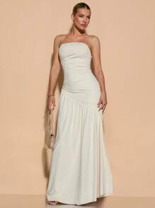 SHEIN BAE 女式长下摆不对称褶皱高开衩杏色抹胸连衣裙，适合秋冬季，适合打底、浪漫约会、派对、伴娘、迷你鸡尾酒会礼服、外出