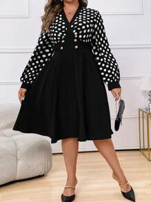 Celure Plus Size V-Neck Contrast Color Polka Dot Patchwork Waist Cinched Printed Metal Button Decor Dress