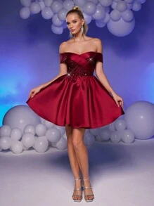 SHEIN Belle Vestido de satén con parches de lentejuelas color vino tinto elegante y lujoso, con hombros descubiertos y bajo exagerado, adecuado para bodas, fiestas, vacaciones y eventos (muy adornado), vestido de baile semiformal, para cumpleaños, invitados de boda, graduación y regreso a casa - Burdeos - Ver 1