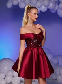 SHEIN Belle Vestido de satén con parches de lentejuelas color vino tinto elegante y lujoso, con hombros descubiertos y bajo exagerado, adecuado para bodas, fiestas, vacaciones y eventos (muy adornado), vestido de baile semiformal, para cumpleaños, invitados de boda, graduación y regreso a casa - Burdeos - Ver 6