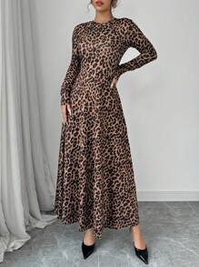 Rafferiza Vestido largo de manga larga con estampado de leopardo para uso diario minimalista de las mujeres, vestido maxi de otoño para outfit de mujer - Marrón - Ver 4