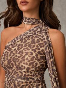 SHEIN BAE Leopard Halter Neck Top,Asymmetrical Top,Y2k Clothes - Bronze - View 6