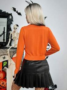 Chiquease Women's Spider Web Pattern V-Neck Cardigan, For Halloween Fall Cloth For Women - Orange - View 2