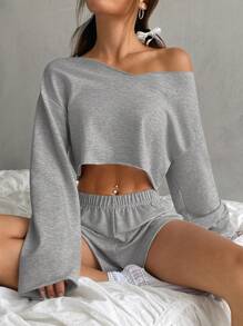 SHEIN EZwear 2 件套女士纯色落肩长袖短款上衣和短裤套装，春夏 - 灰色 - 查看 4