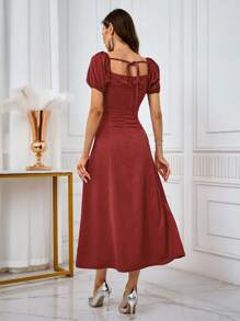 SHEIN Belle 女士纯色泡泡袖鸡尾酒会礼服，适合圣诞派对 - 紅色 - 查看 2