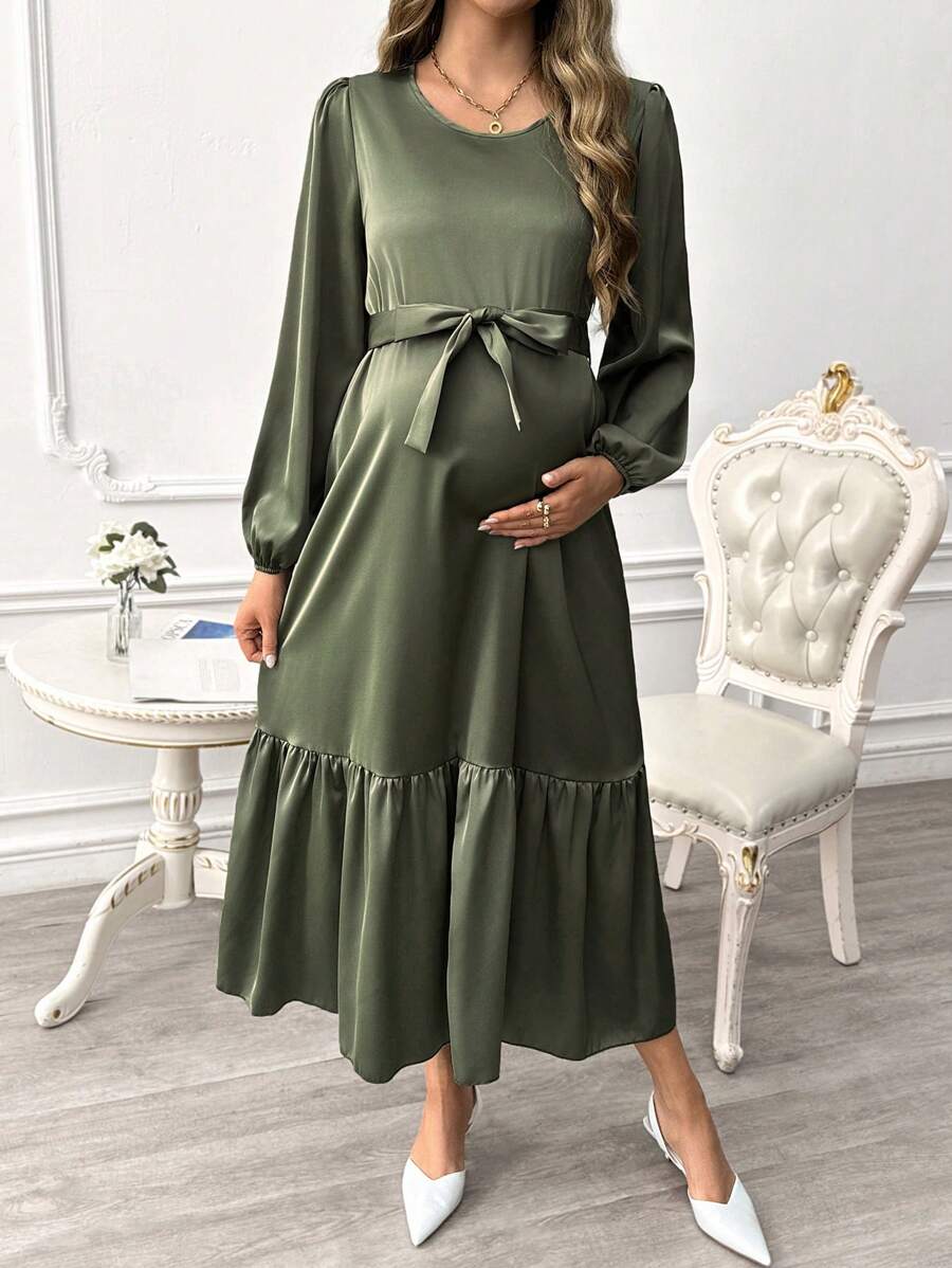 SHEIN 孕妇纯色圆领长袖前系带休闲连衣裙 - 軍綠色 - 查看 1