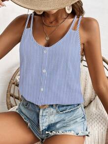 SHEIN Holidaya Áo sơ mi sọc mùa hè dành cho nữ có nút trang trí thường ngày - Màu xanh lam - Xem 6