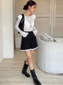 DAZY 女士拼色蕾丝边阔腿短裤