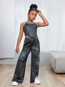 2pcs Tween Girl's Washed Effect Camisole And Wide-Leg Pants Set - Black - View 4