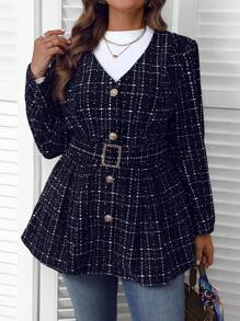 EMERY ROSE Cappotto invernale per donne taglie forti, con collo a V, maniche lunghe, elegante blazer aderente, stampa plaid, adatto per primavera e autunno - nero - Visualizzare 7