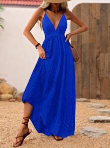SHEIN Holidaya Đầm suông hở lưng đi nghỉ thường ngày - Đầm suông hiện đại thường ngày - Xanh đậm - Xem 3