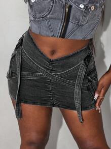 SHEIN Slayr Váy mini xếp nếp màu trơn chữ V - Màu xám đen - Xem 6