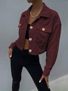 SHEIN Unity 1 件女式单排扣休闲日常灯芯绒夹克 - 紅色 - 查看 3