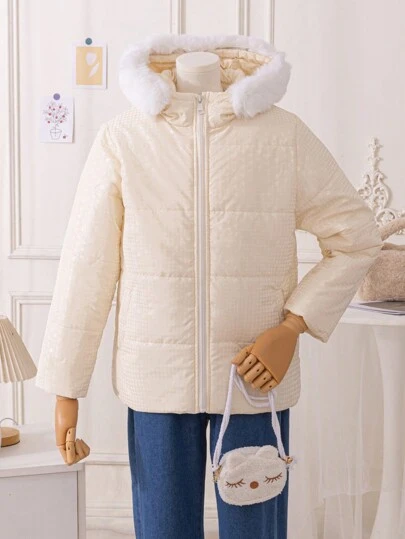 SHEIN 女童夹棉大衣，带花卉印花装饰口袋，休闲而优雅