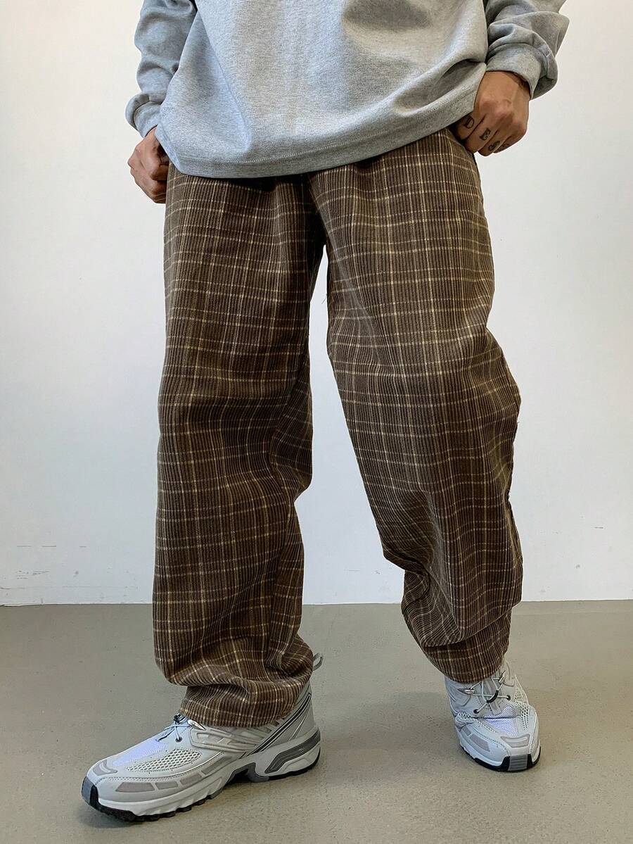 DAZY 男士格纹印花简约休闲裤，秋季灯芯绒 - 棕色 - 查看 1