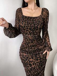 Modelyn 女式圆领长袖豹纹褶饰优雅网眼休闲连衣裙长款女式长款晚礼服 - 黑色 - 查看 3