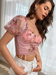 Forever 21 全新秋冬甜心领泡泡袖前系带短款上衣