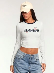 Forever 21 Autumn & Winter New Round Neck Color Block Embroidered Cherry Pattern Fitted All-Match Tee - White - View 1